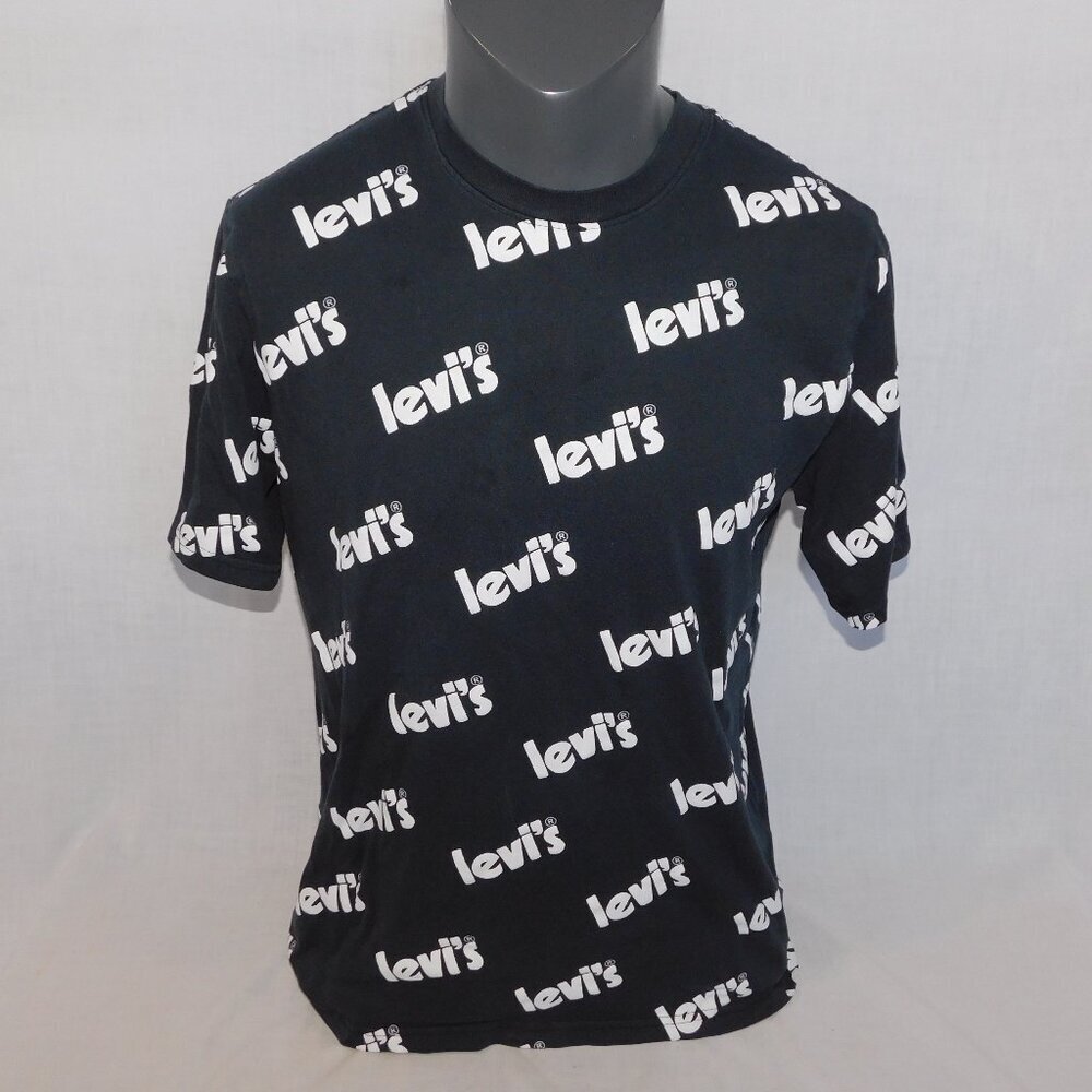 Levi's Black White Allover Spellout Print Short Sleeve T Shirt relaxed Mens M